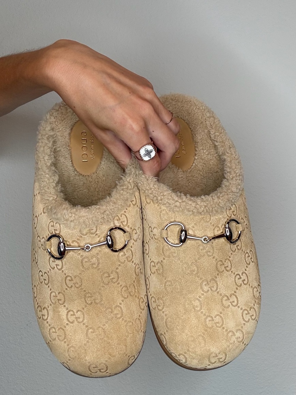 Gucci Beige Shearling-Lined GG Suede Horsebit Mules